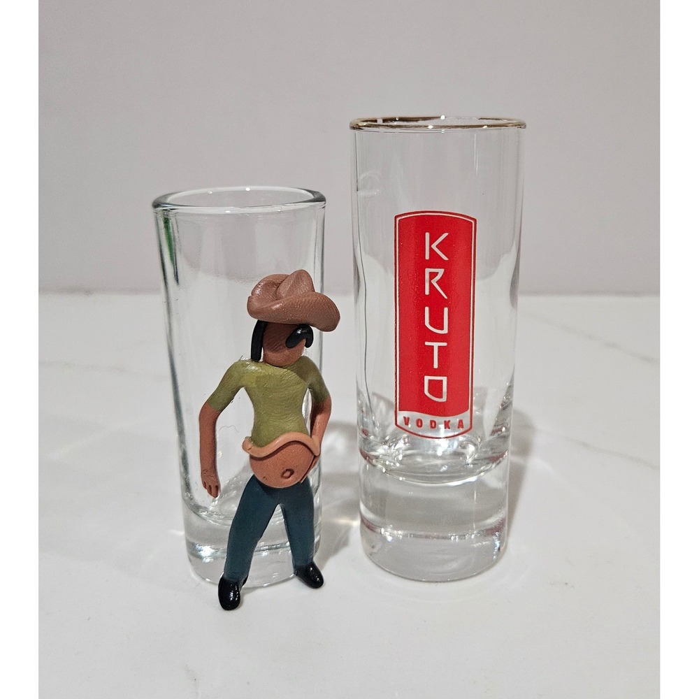 Kruto Vodka Shot Glass with Gold Rim and Novelty 3D Clay Cowboy Shot Glass Set